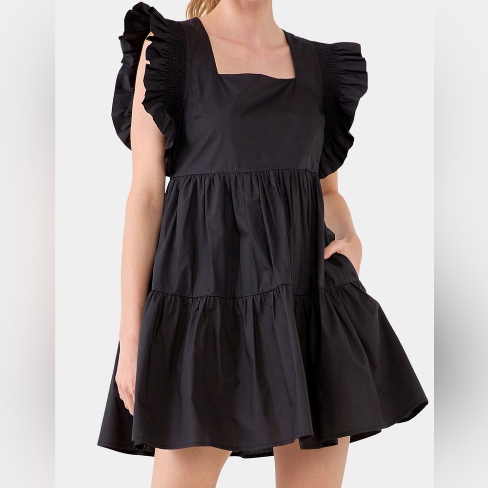 English Factory black ruffle tiered mini dress, size S